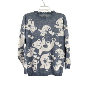 Vintage Private Eyes Sweater Womens M/L? Blue White Teddy Bears USA Made